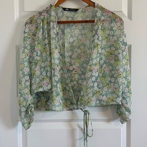 Zara Green Floral Wrap Blouse